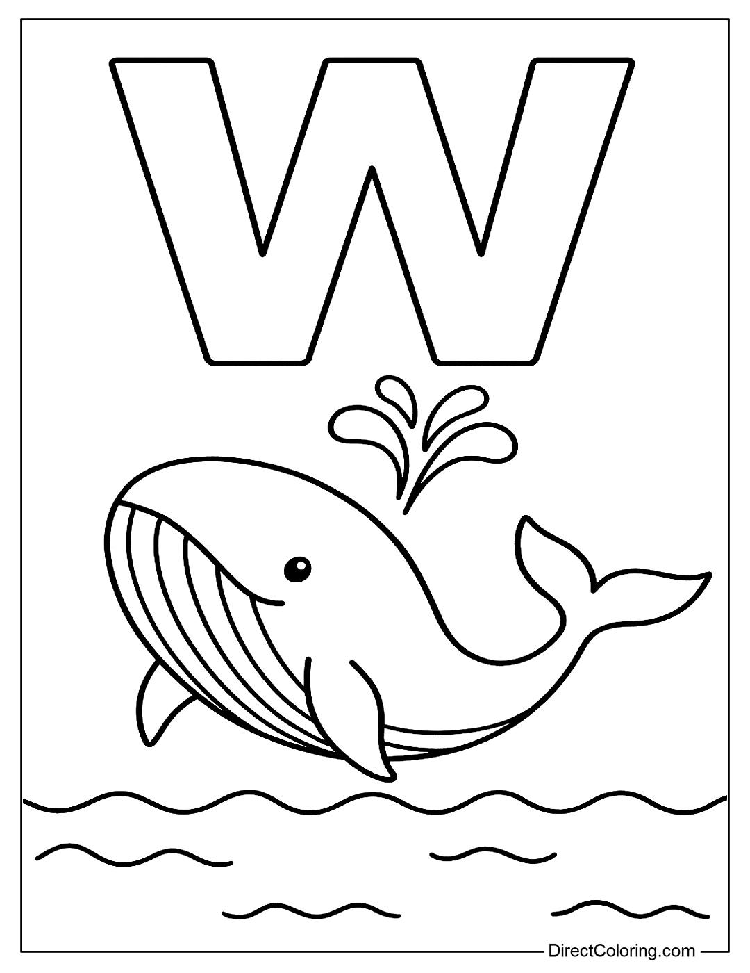 W coloring page with a whale jumping out of the sea and spouting water